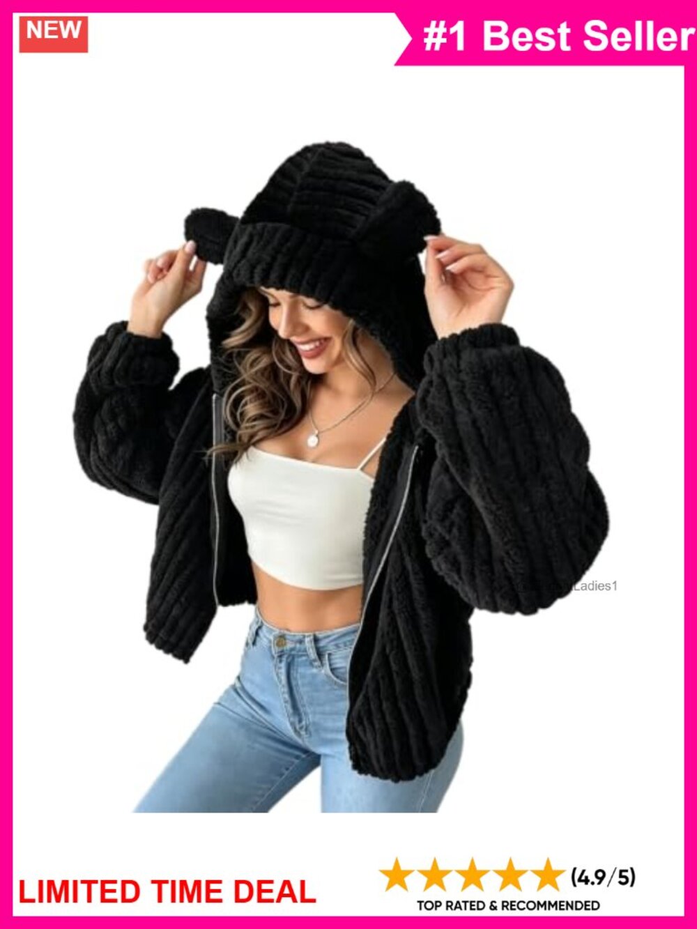 Fuzzy Fleece Sherpa Zip Up Hoodie Bear Ear Loose Fit Women's Fall Winter Jacket